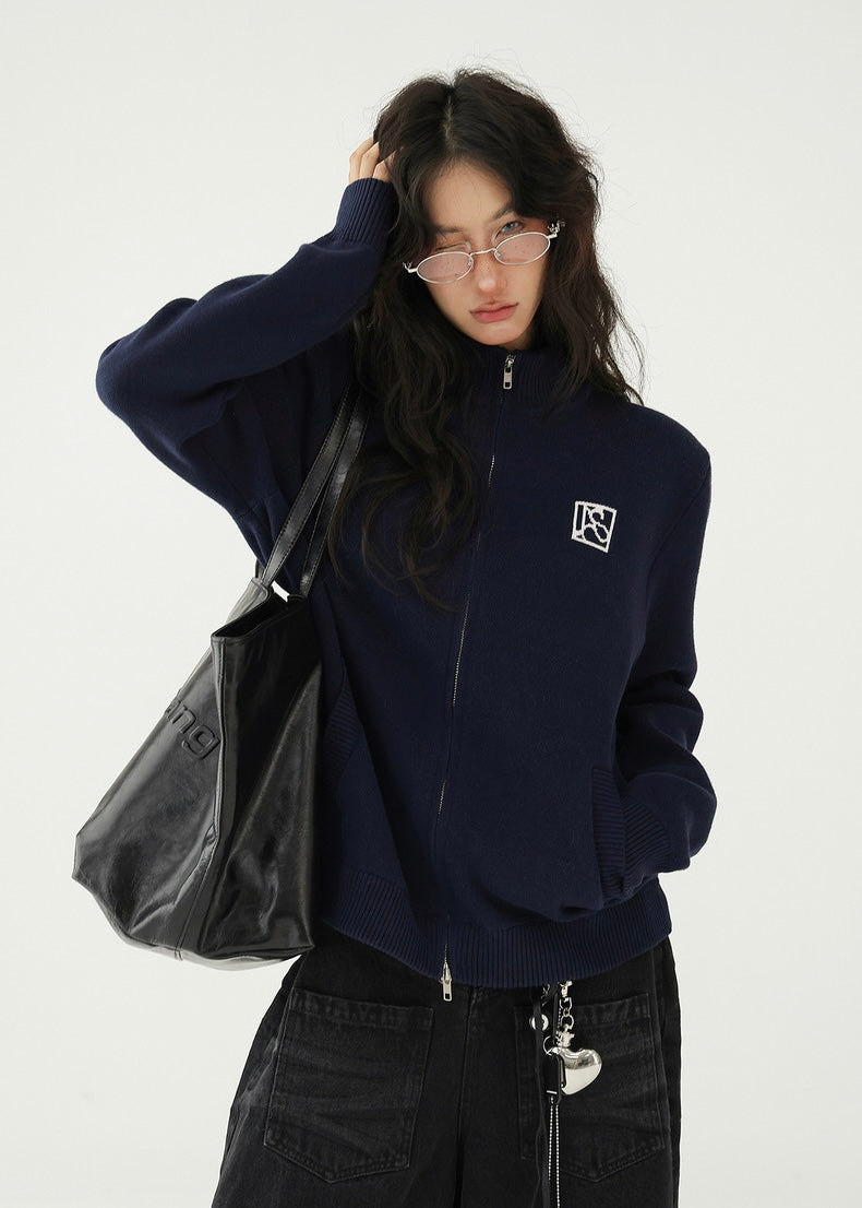 Stand collar jacquard knit zip cardigan / AS1175 