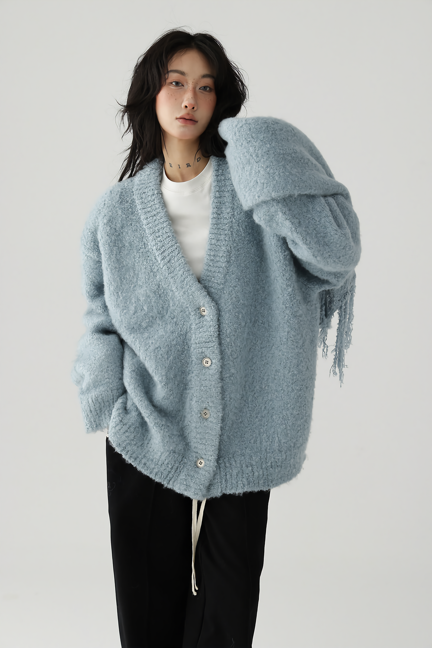 V neck knit cardigan + tassel scarf / AS1119 