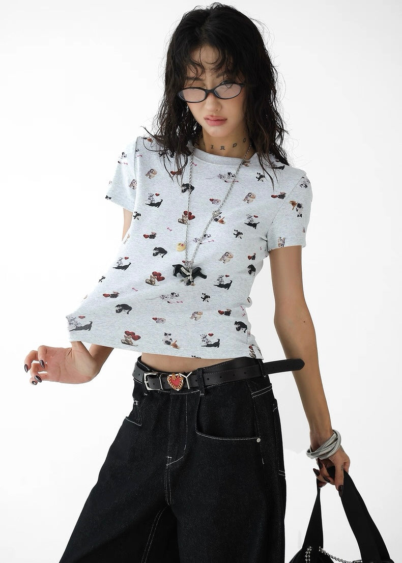 Cartoon puppy print short sleeve T-shirt / AS1327