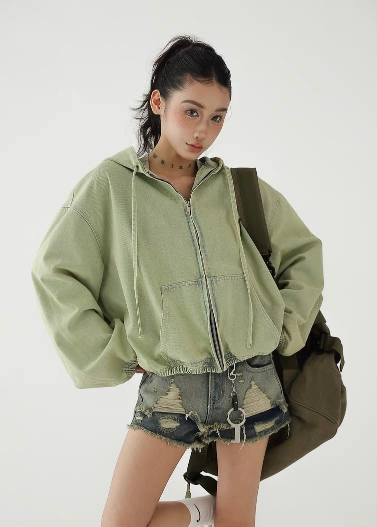 Green loose denim hoodie / AS1266