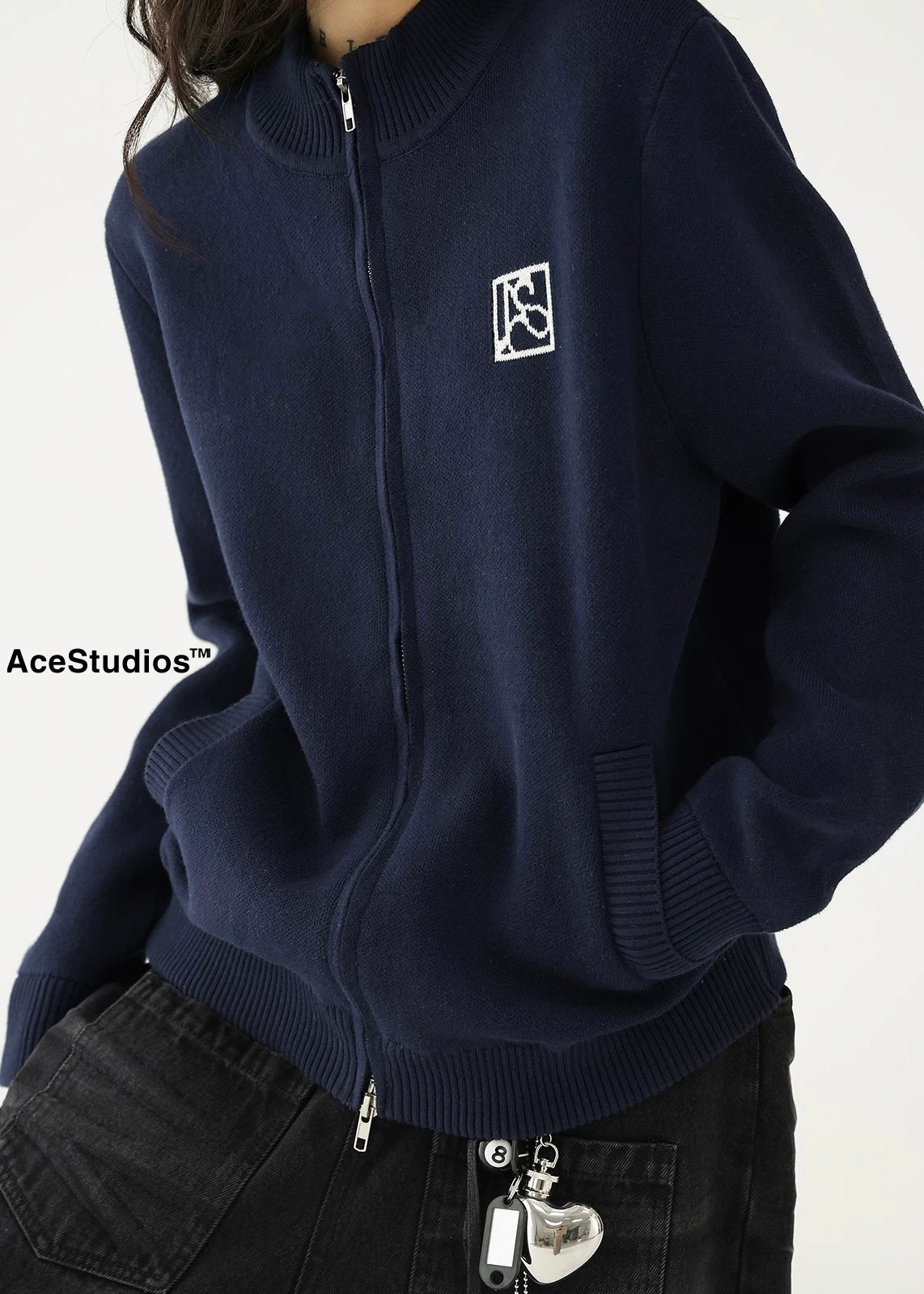 Stand collar jacquard knit zip cardigan / AS1175 