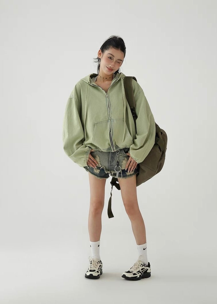 Green loose denim hoodie / AS1266