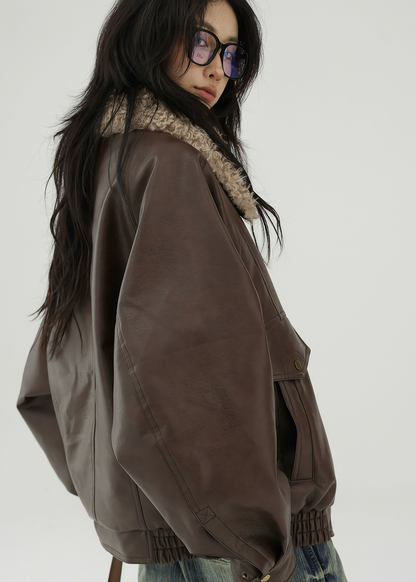 fur collar leather biker jacket / AS1150 