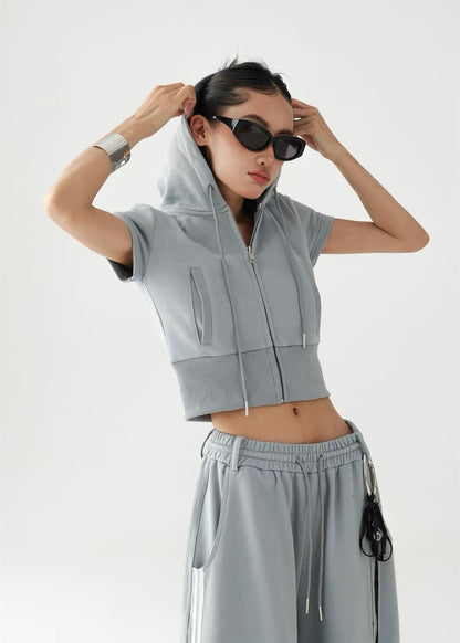 Hooded slim fit cropped top ＆ wide leg cropped pants / AS1295