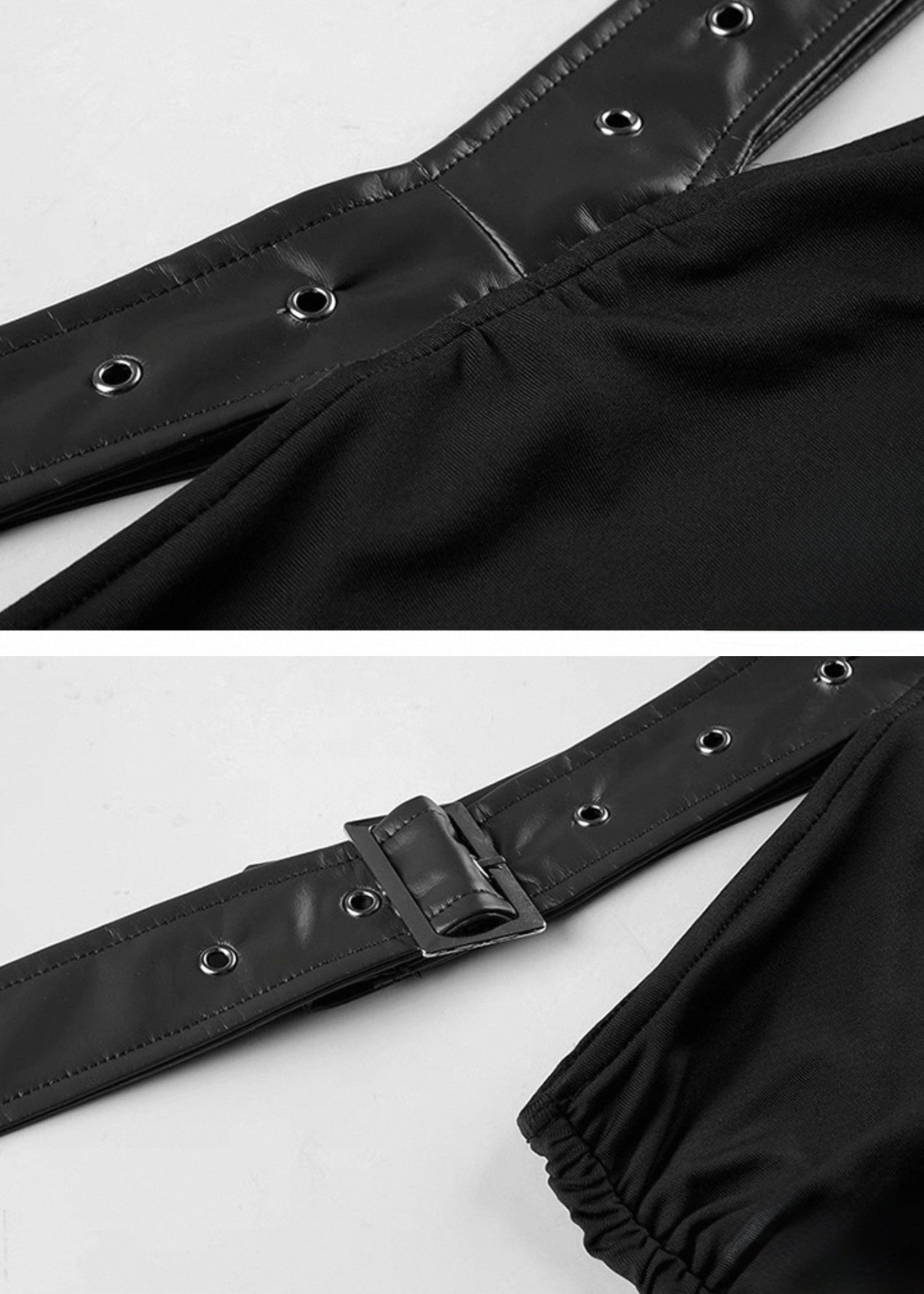 PUレザーパッチワークトップ+ドレープデザインミニスカート / VO1128