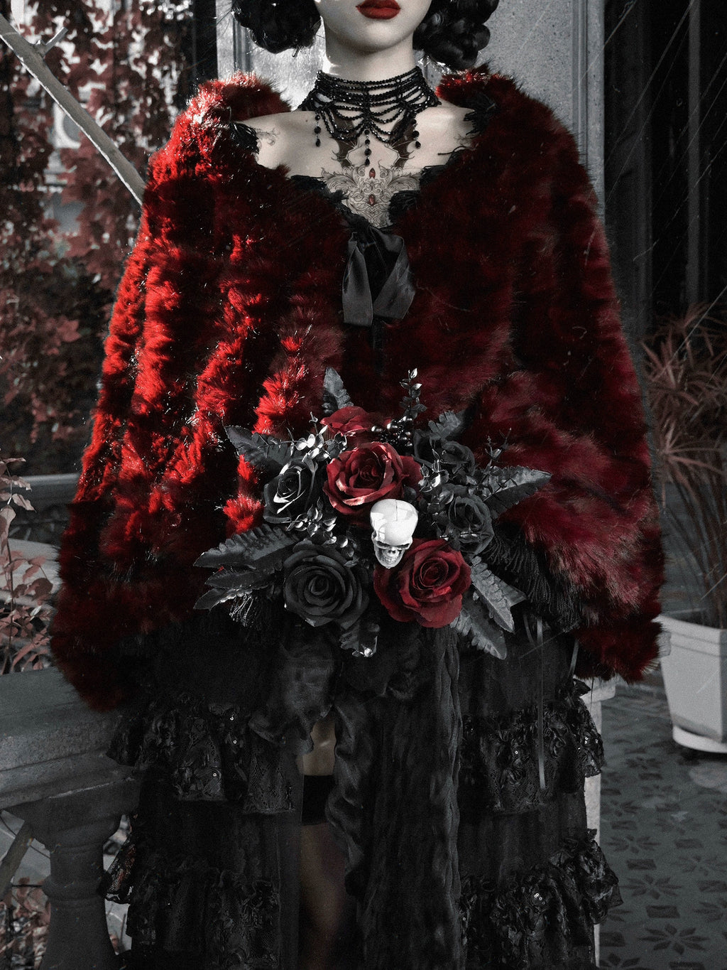 Red Goth Fur Coat Shawl / CT03