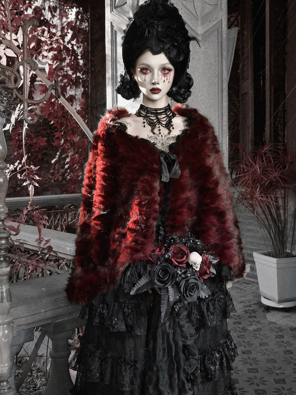 Red Goth Fur Coat Shawl / CT03