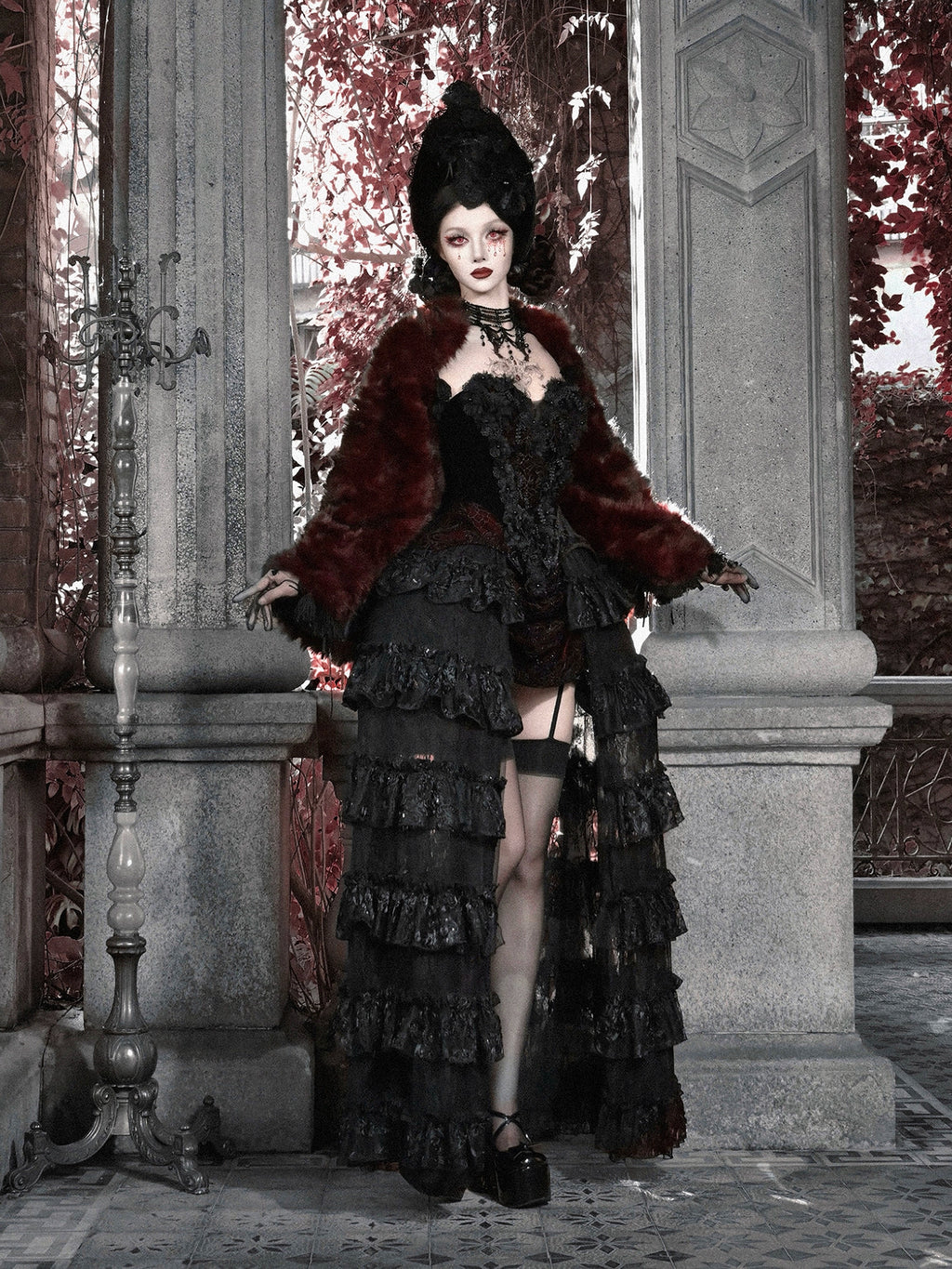 Red Goth Fur Coat Shawl / CT03