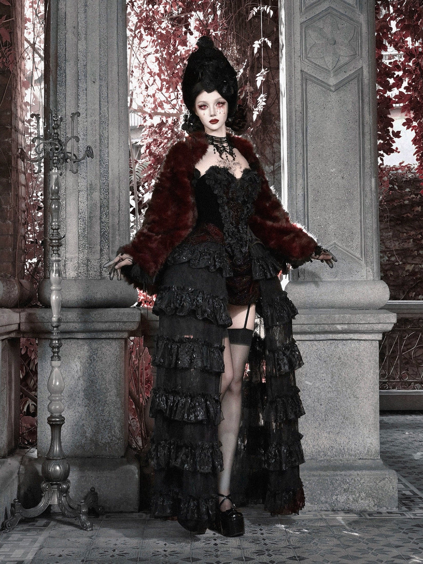 Red Goth Fur Coat Shawl / CT03